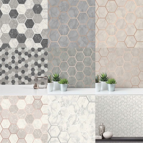 Hexagon Geometric Marble Wallpaper Kitchen Silver Rose Gold Metallic