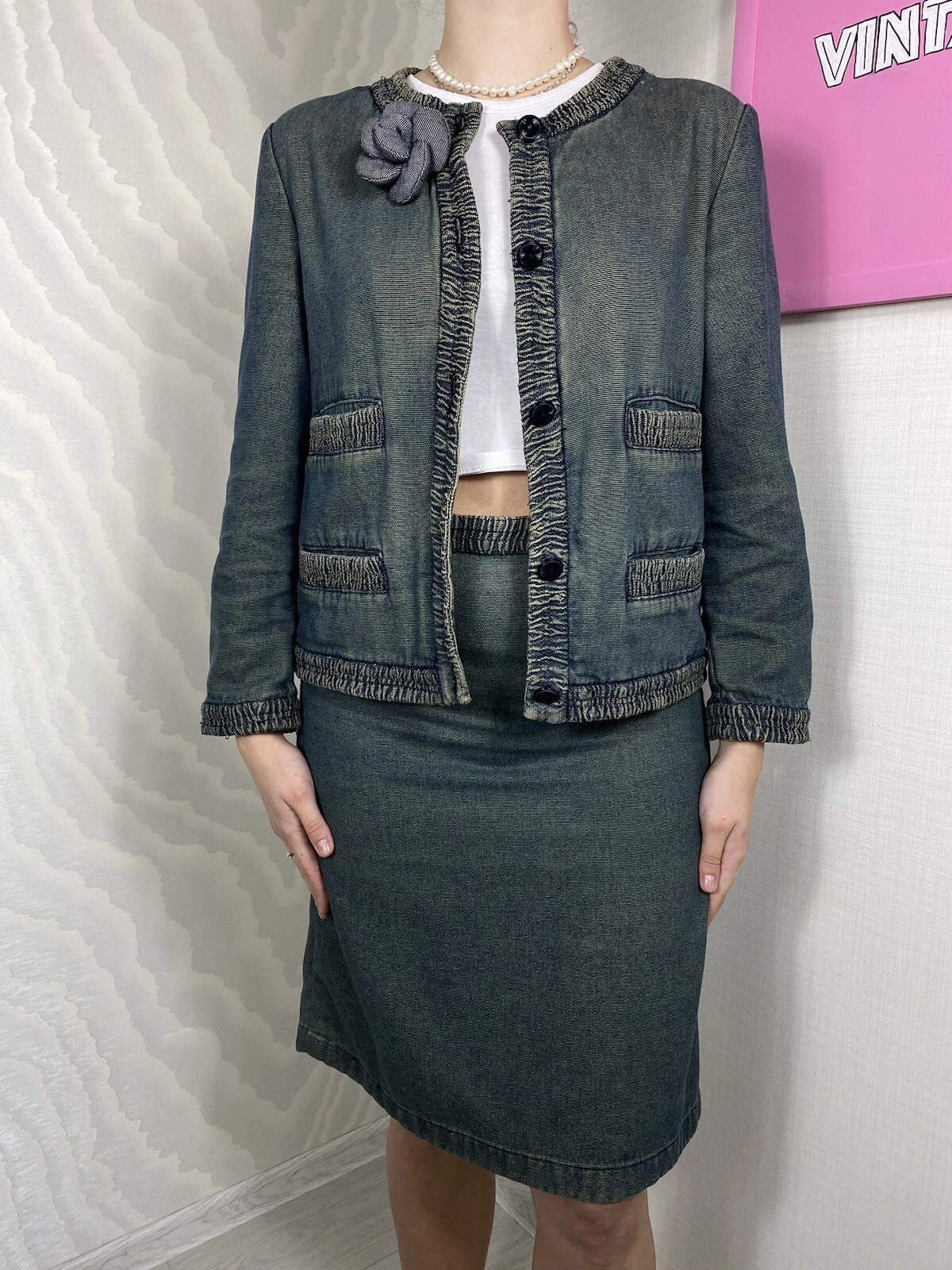 Rara giacca blazer tuta denim vintage Chanel 2001 + minigonna set quattro tasche