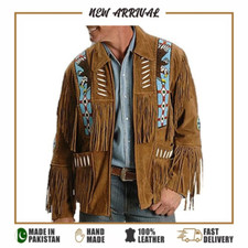 Men's Brown Suede Leather Fringe Jacket Native American Western Cowboy Beaded