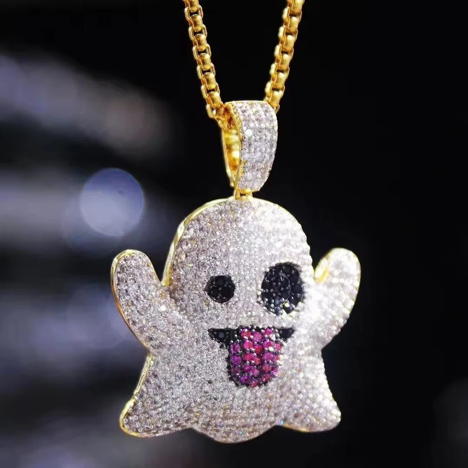 Round Cut Multi Color 14K Yellow Gold Over Snapchat Ghost Pendant 2" - Изображение 3 из 4