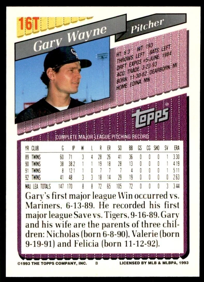 1993 Topps Traded Gary Wayne Colorado Rockies #16T - Image 2 of 2
