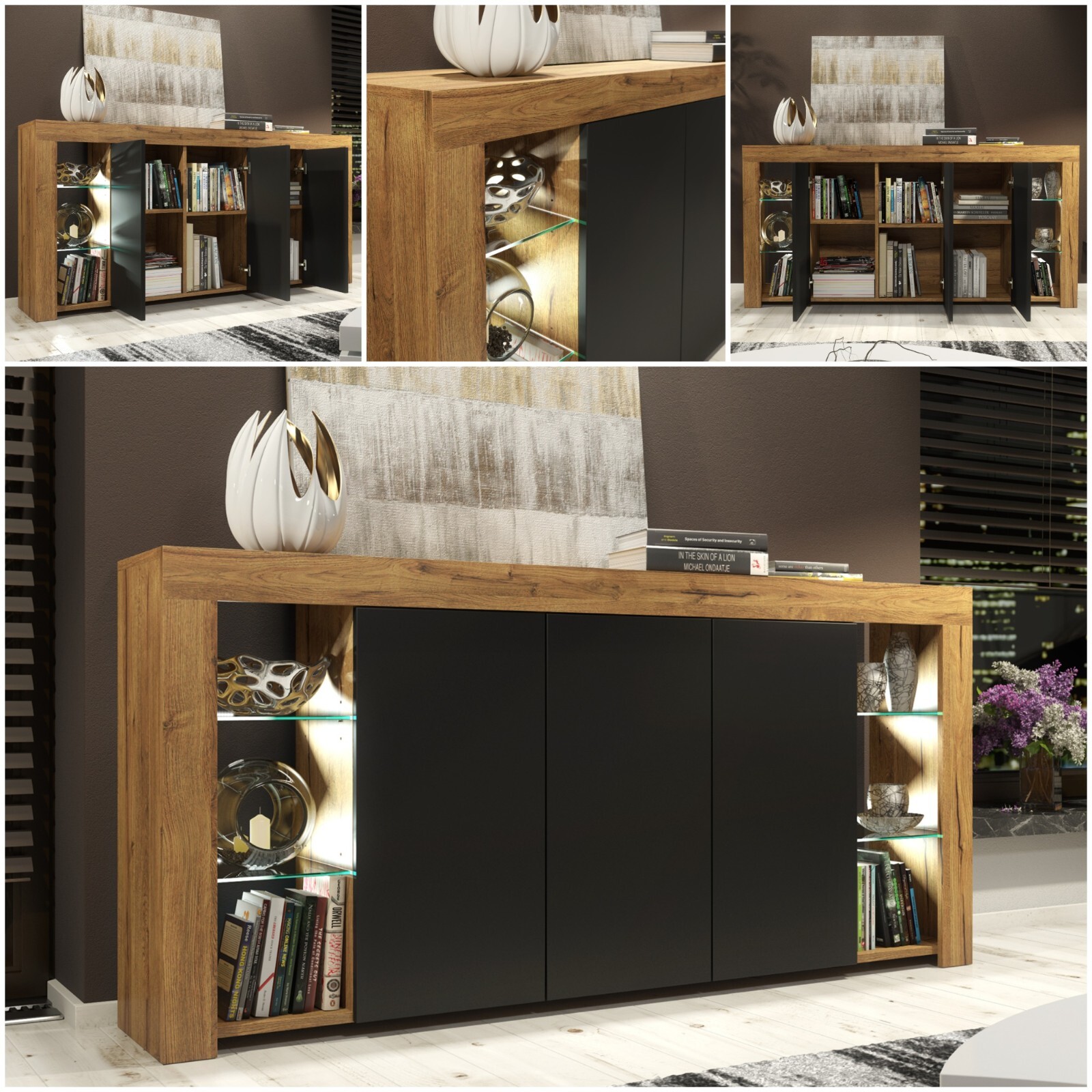 Sideboard 164cm | Dark Oak | Modern Stand | Black Matt Doors | Free LED ⭐⭐⭐⭐⭐