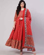 Indian Women Red Rayon Anarkali Floral Print Flared Kurta with Pant  Dupatta