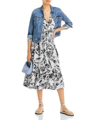 knee length dresses for ladies Blue Floral Smocked Puff Print Midi Dress