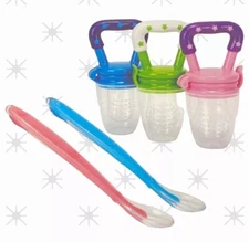 NEW 5 Piece Baby Food Feeders And Silicone Tip Spoons Set Feeding Pacifier.