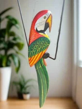 Tropical Orange and Green Macaw Parrot Hanging Bird Statue Wood Carving 32"x 11"