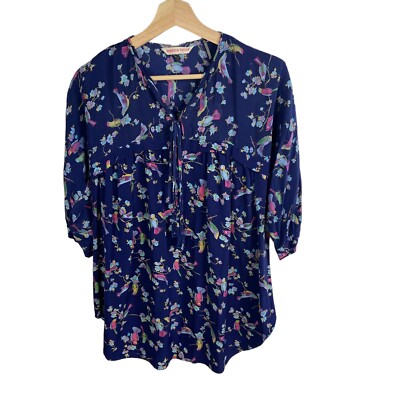 Rebecca Taylor blouse shirt women's sz 0 navy blue bird print silk 1/2 sleeve