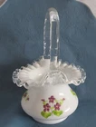 FENTON MILK GLASS SILVER CREST VIOLETS IN THE SNOW DEEP BASKET SIGNED