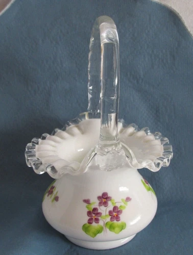 FENTON MILK GLASS SILVER CREST VIOLETS IN THE SNOW DEEP BASKET SIGNED