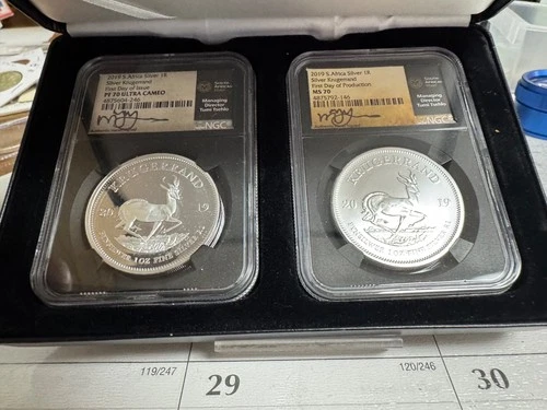 SOUTH AFRICA 2019 1 OZ .999 FINE SILVER KRUGERRAND NGC GRADED SET OF 2