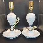 VTG Pair of Hobnail White Milk Glass Table Accent Lamps 11 In Tested & Working