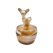 Vintage 1940's Jeanette Marigold Lustre Glass Fawn Deer Powder Trinket Dish