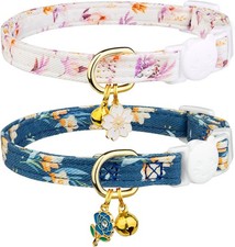 2 Pack Cotton Breakaway Cat Collar White Blue Flowers Pendant Cute Kitten Cat