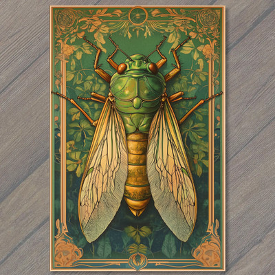 Art Print Cicada Insect Green Gold Nature Bug Decorative Entomology Forest Leaf