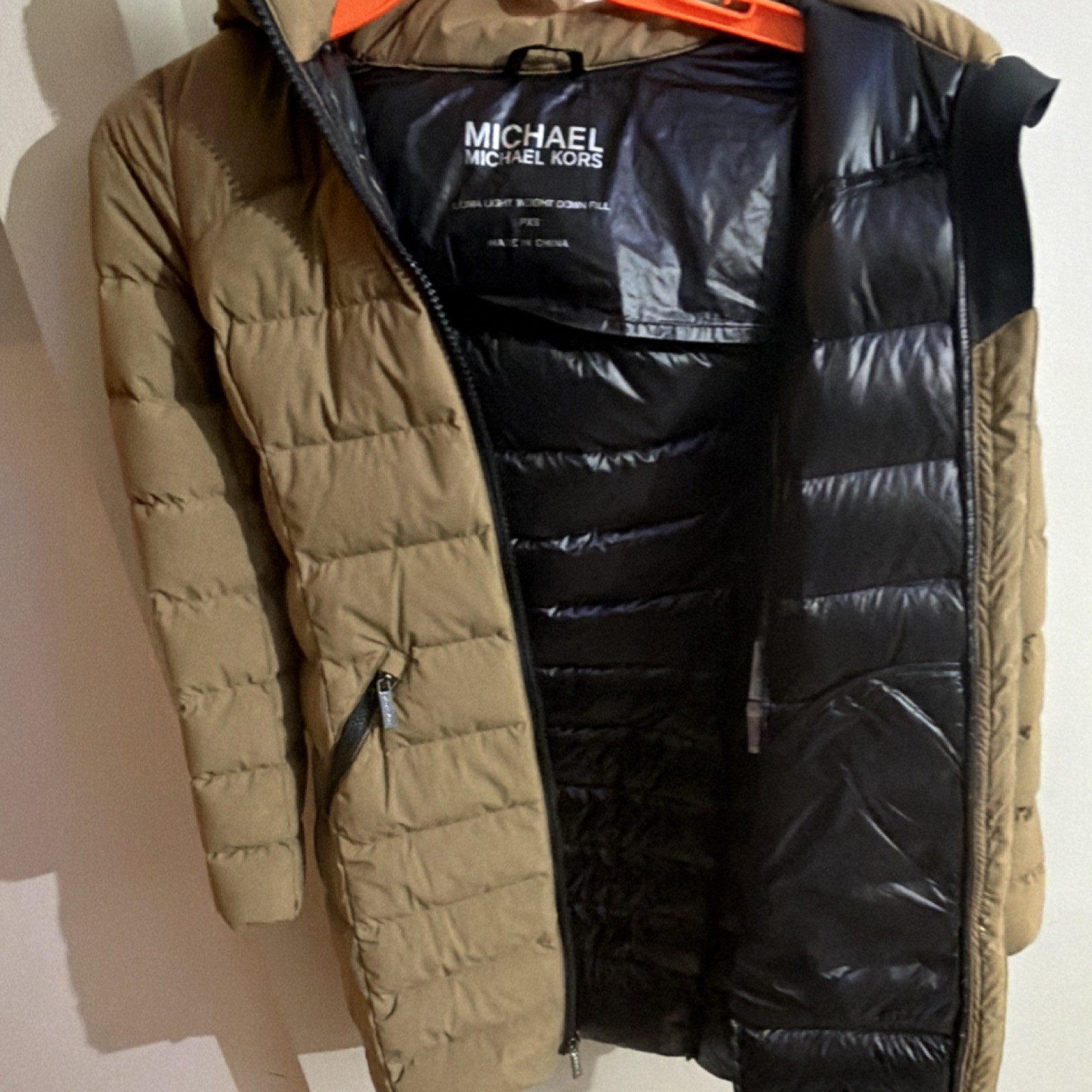Michael Kors Ultra Light Weight Down Fill Hooded Long Brown Puffer Coat PXS