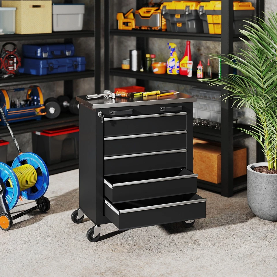 Werkstattwagen mit 5 Schubladen Werkzeugwagen leer abschließbar Stahl Schwarz - Bild 3 von 4