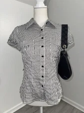 Y2K Office Chic Apt 9 Black And White Striped Blouse Puff Sleeves Petite Small