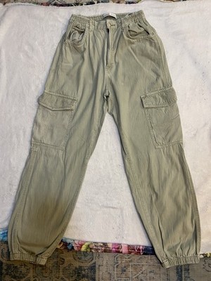 Bershka Cargo Twill Jogger Tapered Leg Elastic Waist Pants Beige Women