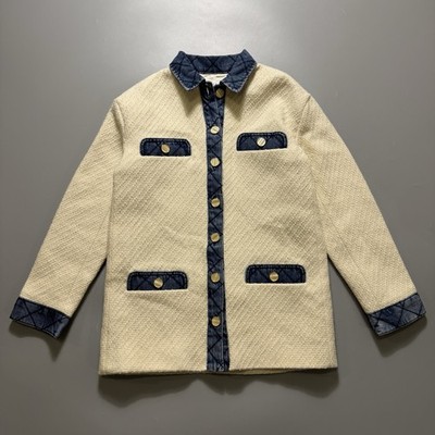 Sandro Paris Cream Tweed Jacket Size 34 Denim Trim Gold Buttons