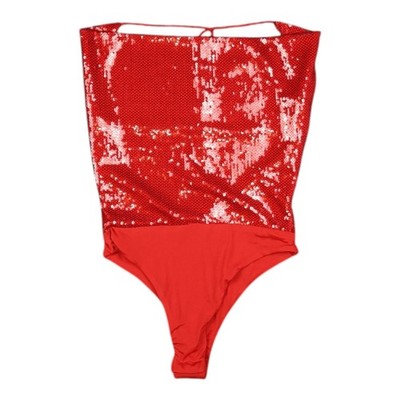 Meshki Bodysuit Womens SMALL Nathalie Sequin Cowl Bodysuit Tie Back High Cut S