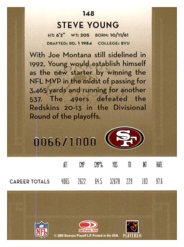 Steve Young Classics Bronze 2005 #d/1000 inserto paralelo NFL HOF PWE 49ers #148 - Imagen 2 de 2
