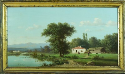 Tableau ancien Alfred Godchaux paysage animé montagne vallée rivière printemps
