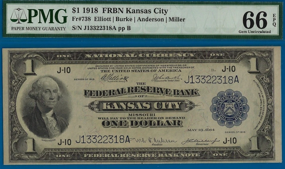 1918 $1 National Currency PMG 66EPQ - 2nd Finest - FRBN Kansas City - Fr 738 - Image 4 of 4