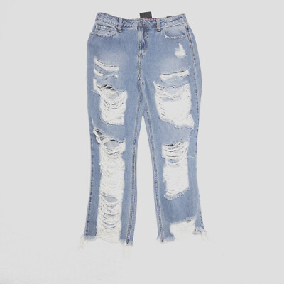 Fashion Nova Women's Juniors Size 11 Blue Boyfriend Distressed Medium Wash  Jeans
