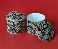 SET Of 2 Vintage Takahashi PAISLEY 2" Miniature Porcelain Trinket Box Black Blue
