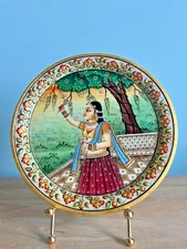 Indian Ragni Plucking Flowers Tree Hand Painted Marble Stone Decorative Plate
