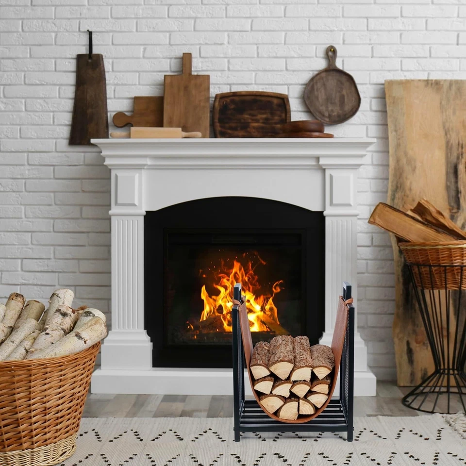 Black Metal & Brown Leatherette Firewood Stand Log Holder, Kindling Storage Rack - Image 3 of 4