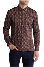 John Varvatos Mens Red Wine Collared Floral Button Up Long Sleeve Shirt Sz L New