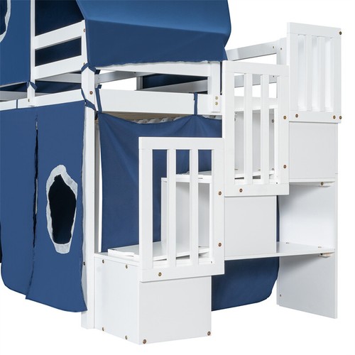 Twin Size Wood Loft Bed with Slide,Tent, Tower & Storage Staircase for Kids Blue - Picture 7 of 18