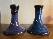 Art Pottery Candlesticks, Set of 2, Blue Glaze on Red Clay 4" Tall Candleholders