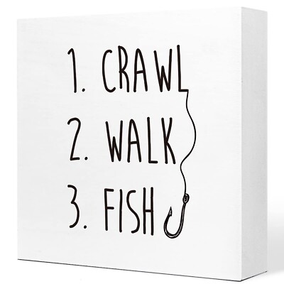 Crawl Walk Fish Rustic Wooden Sign Desk Decor,Funny Baby Fishing Wood Block S...