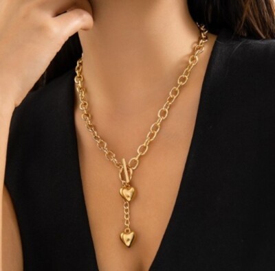 Zara 18K Vergoldet Knebel T Bar Halskette Kette Double 2 Herz Herzen Anhänger