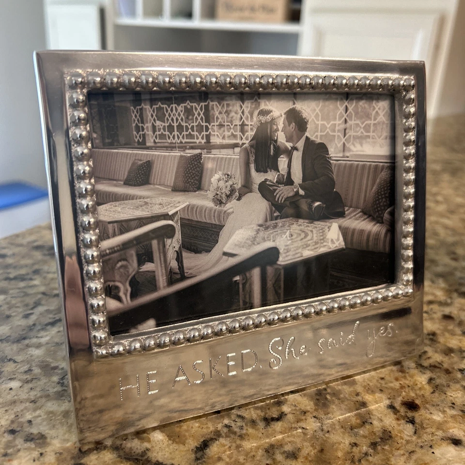 Mariposa Recycled Metal Beaded Photo Frame Silver Tone " He Asked She Said Yes! - Image 3 of 4