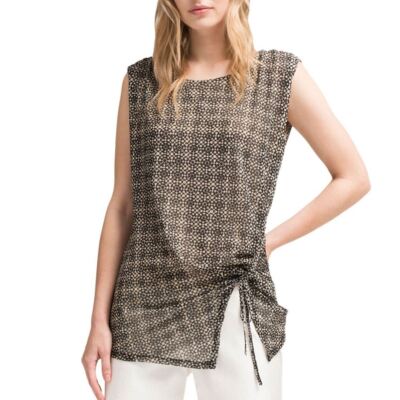 DKNY NEW Women's Black Printed Ruched Sleeveless Blouse Shirt Top S TEDO