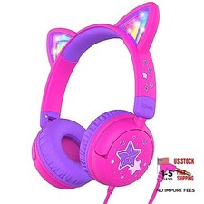 Kids Headphones Cat Ear, LED Light Up, 85dBA Safe Volume, Stereo Hot Pink