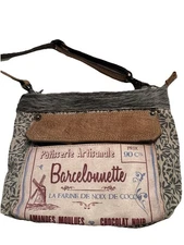 Myra Shoulder Bag Canvas & Leather  French Theme Outside Pockets