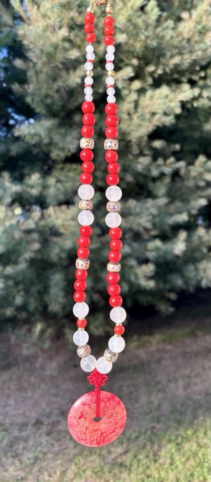 "Antiguo collar brazalete chino de cuentas de oración cloisonné de coral ágata con venas rojas 35"" 🚭 Foto 3 de 4