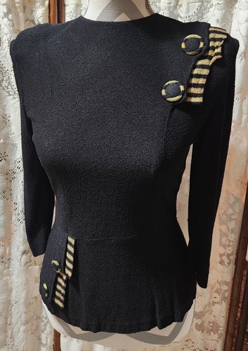 Vintage 1940s Black/ Yellow Striped Knit Dress Set With Buttons - Picture 1 of 23