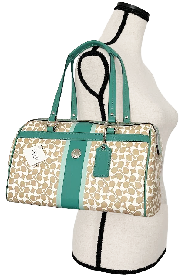 Coach Green & White Chelsea Heritage Stripe Leather Satchel Purse
