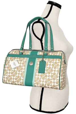 Coach Green & White Chelsea Heritage Stripe Leather Satchel Purse