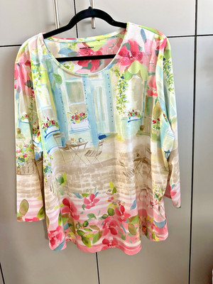 NWT Allison Daley Scenic 1X 2X porch 3/4 Slv top Tropical Patio multicolor 50X26