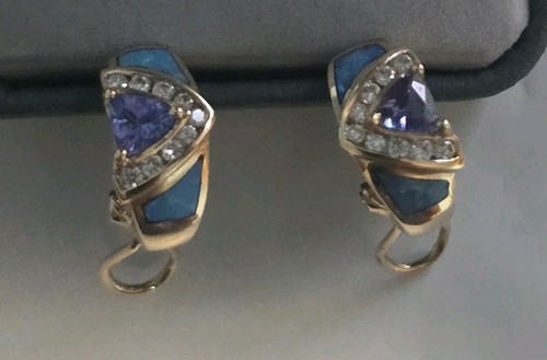 14K YELLOW GOLD LEVIAN TANZANITE OPAL DIAMOND OMEGABACK EARRINGS - Picture 5 of 13
