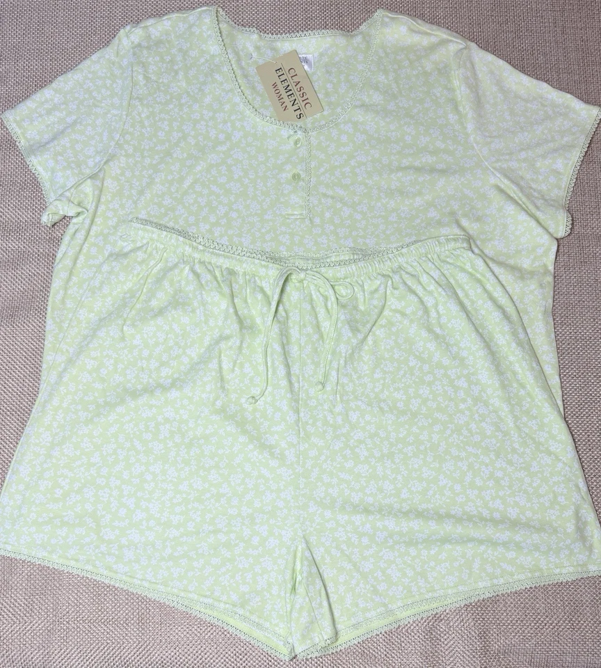 Conjunto de pijama Classic Elements para mujer 1X verde floral top pantalones cortos 2 piezas nuevo con etiquetas de colección Sears Foto 2 de 4