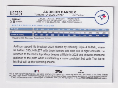 2024 Topps Chrome Update USC159 ADDISON BARGER RC Rookie Blue Jays QTY AVAILABLE - Picture 4 of 4