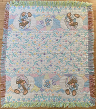 Vtg Sleepy Teddy Bear Riegel Woven Tapestry Baby Blanket Throw W/ Fringe Soft