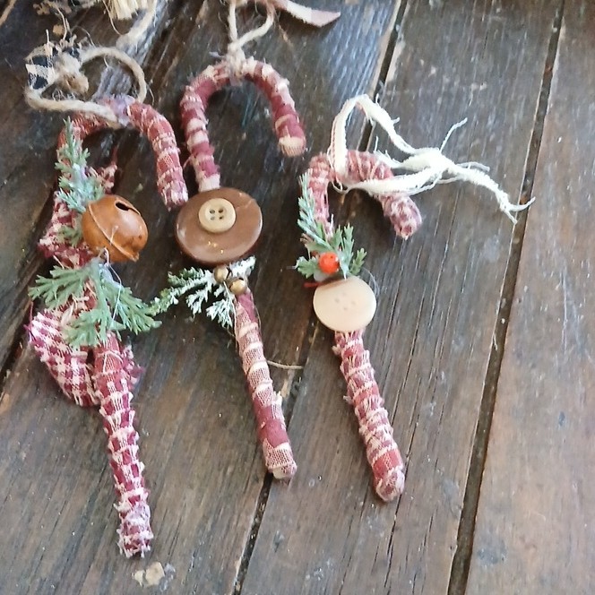 Handmade Rustic Candy Cane Ornaments with Buttons, Bells Set of 3
